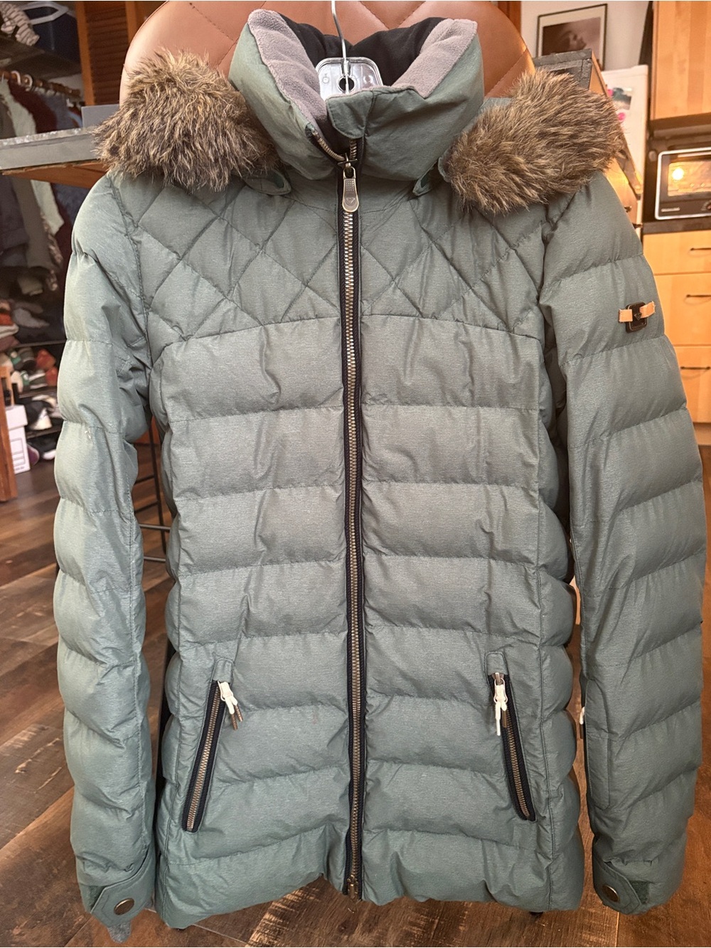 ROXY Quilted Ski Jacket with Faux Fur Trim - Sage Green